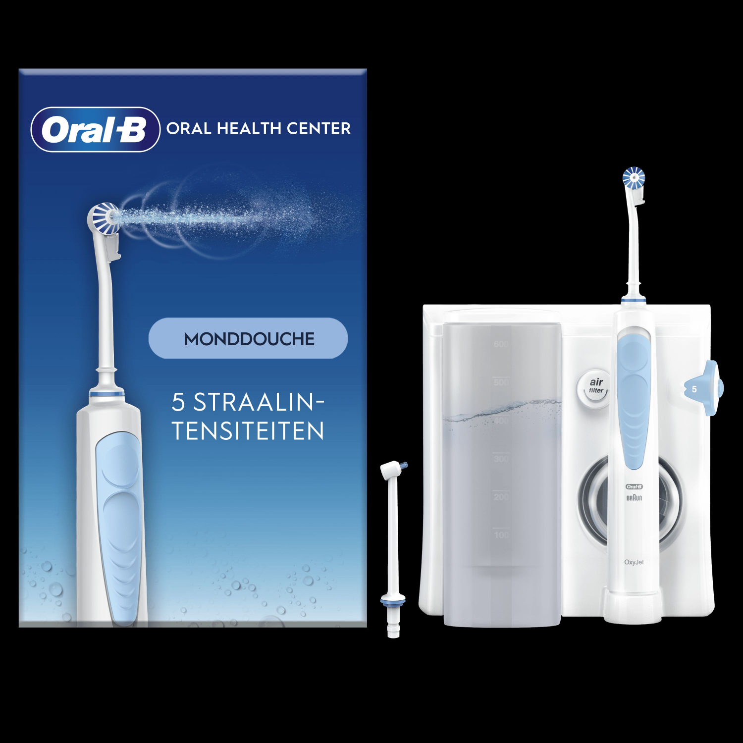 Set per l'igiene orale con spazzolino, idropulsore e scatola con testo.