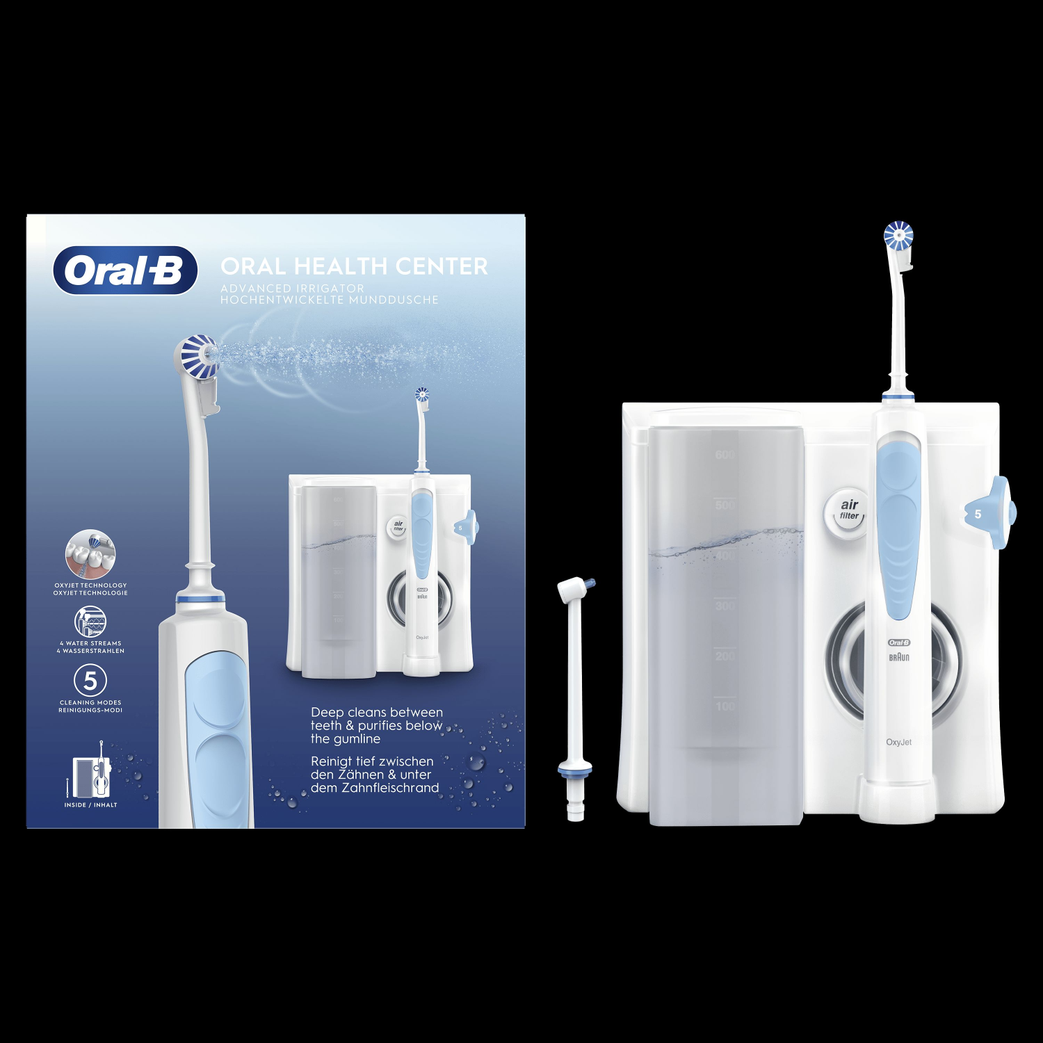 Uno spazzolino elettrico e un idropulsore Oral-B con uno schema del sistema e dei suoi componenti.