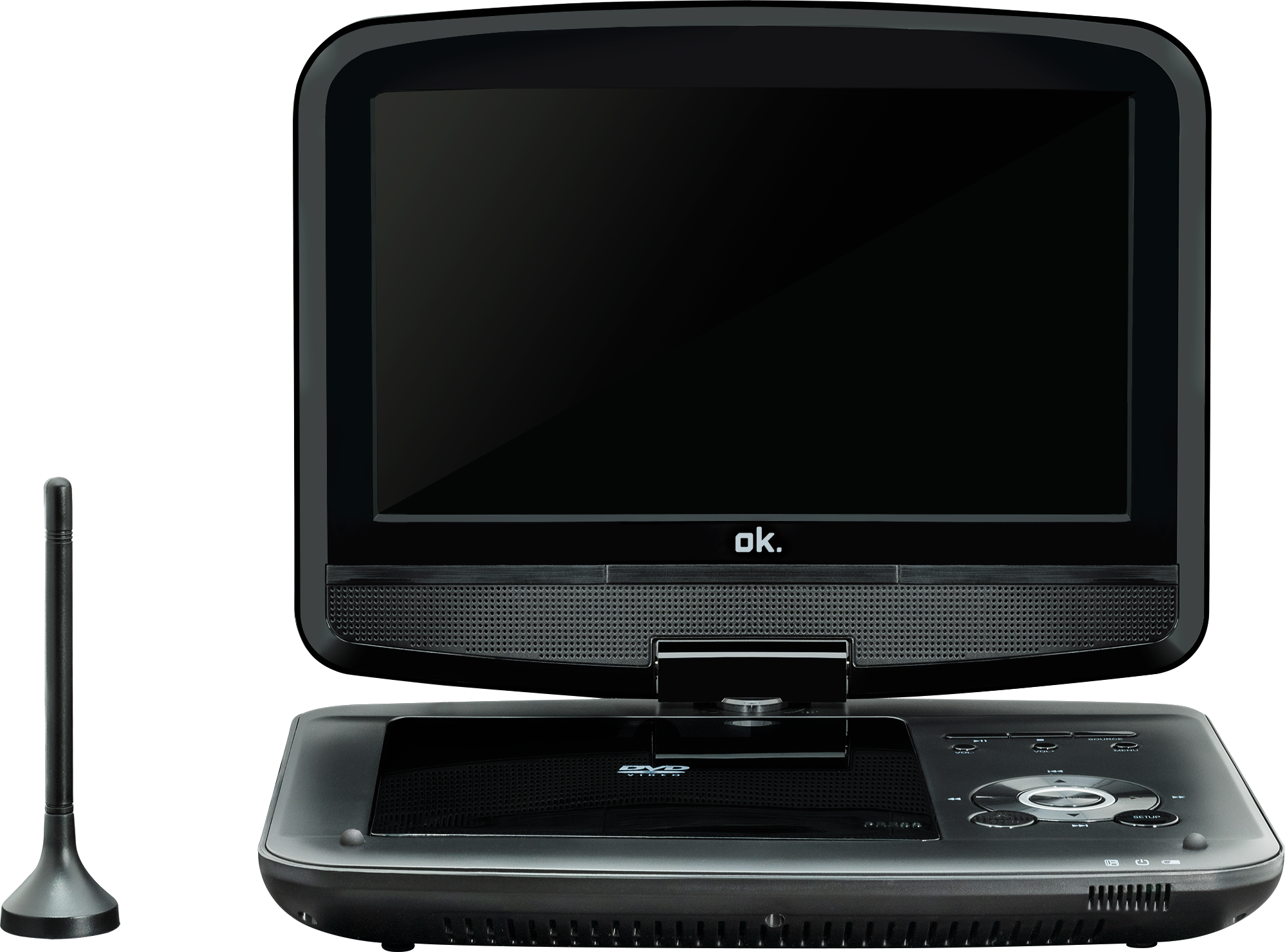 Schwarzer tragbarer DVD-Player mit Bildschirm. Links eine schwarze Antenne.