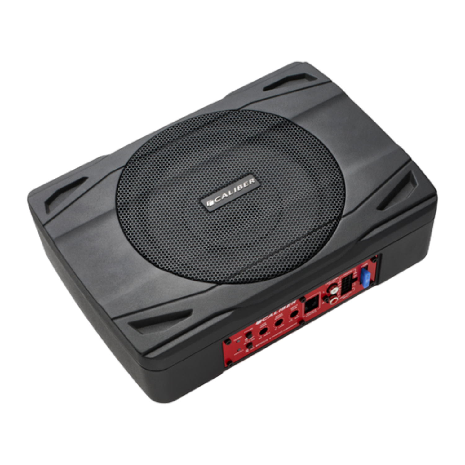 Schwarzer Auto-Subwoofer mit Mesh-Lautsprecherabdeckung und roten Anschlüssen. Die Marke 'CALIBER' ist sichtbar.