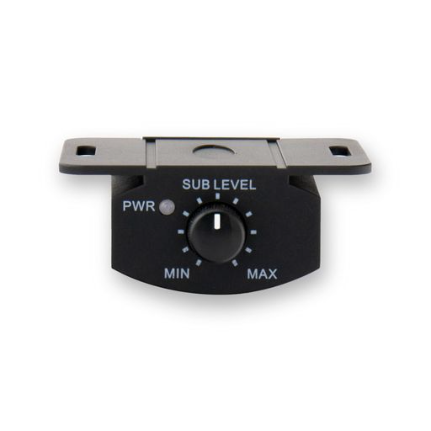 Ein schwarzer Sub-Level-Regler mit Knopf, beschriftet mit 'MIN' und 'MAX'. Ein weißes Licht und der Text 'PWR' sind vorhanden.
