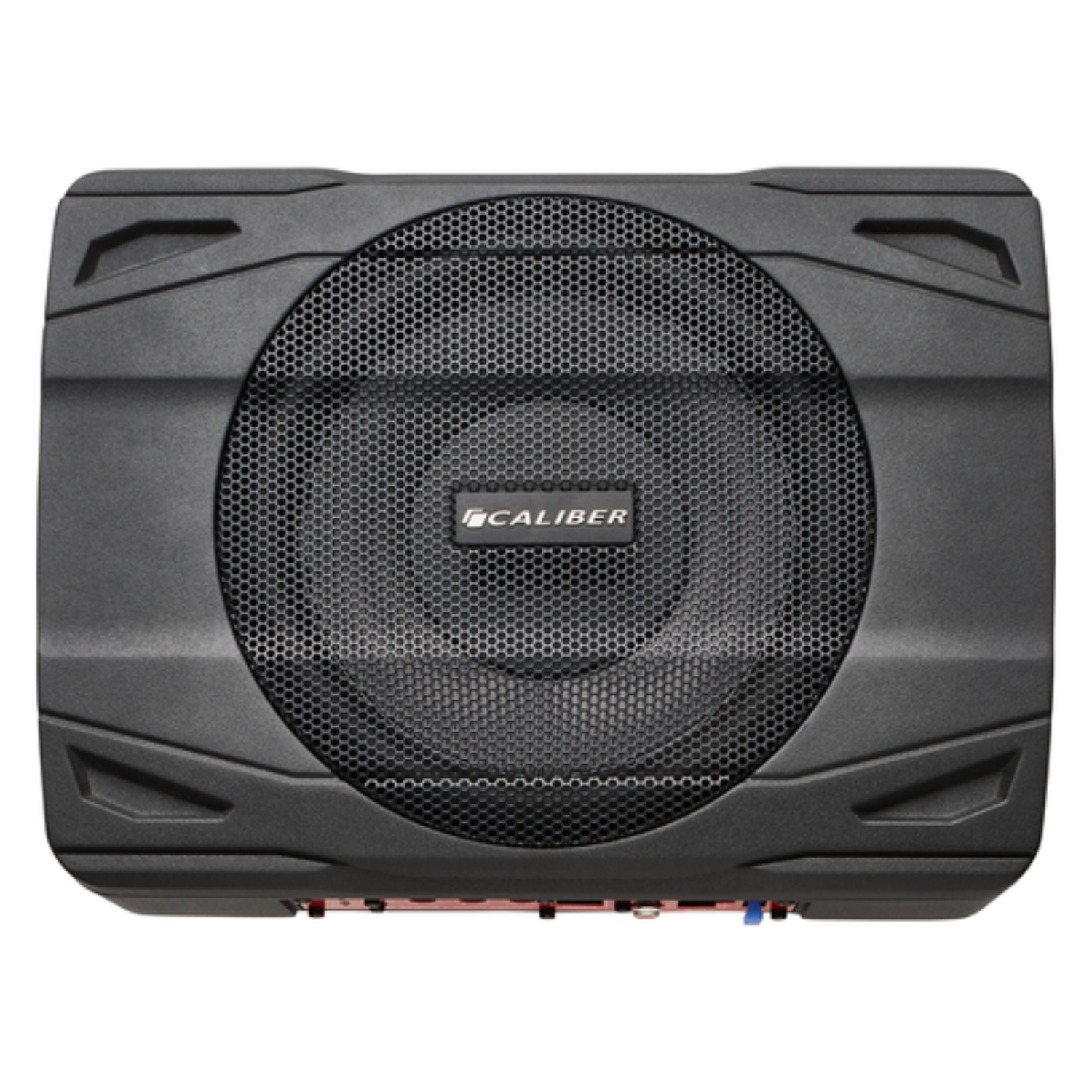 Schwarzer Auto-Subwoofer mit Gittergrill. Das Caliber-Logo ist sichtbar. Schwarz auf weißem Hintergrund.