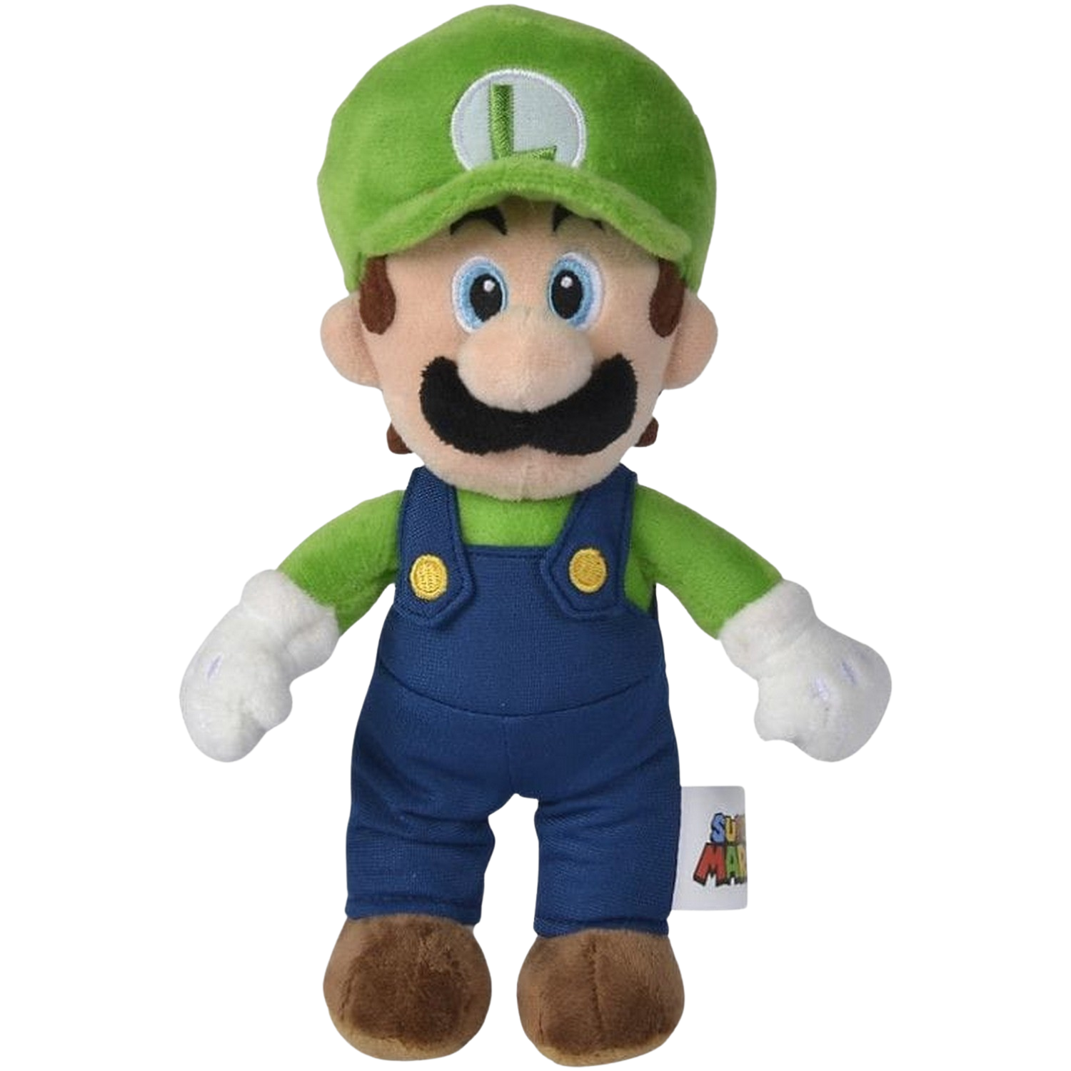 Luigi-Plüschtier. Er trägt einen grünen Hut und ein Hemd, blaue Latzhosen und weiße Handschuhe.
