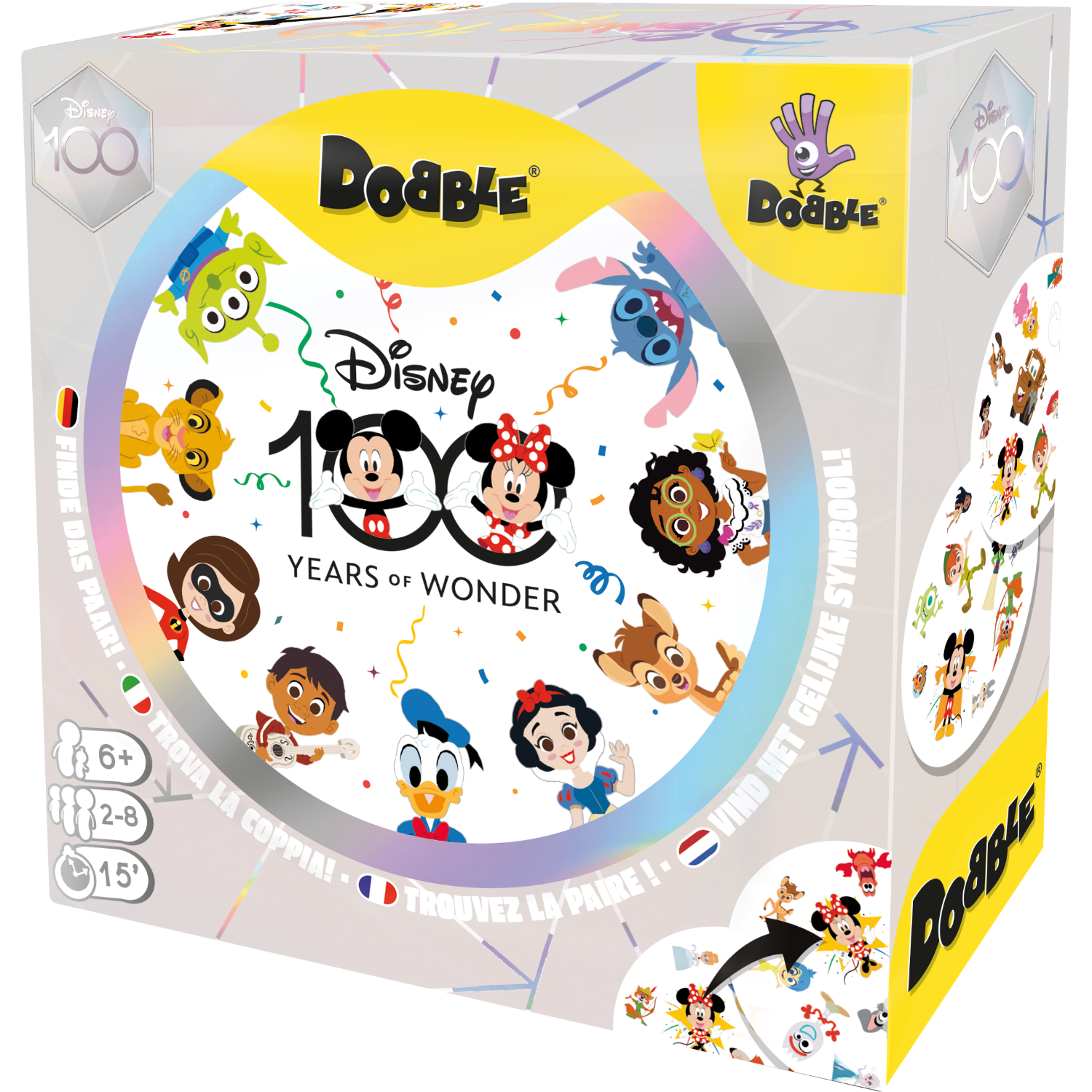 Una scatola del gioco Disney Dobble con i personaggi Disney. Mostra le istruzioni del gioco e la fascia d'età.