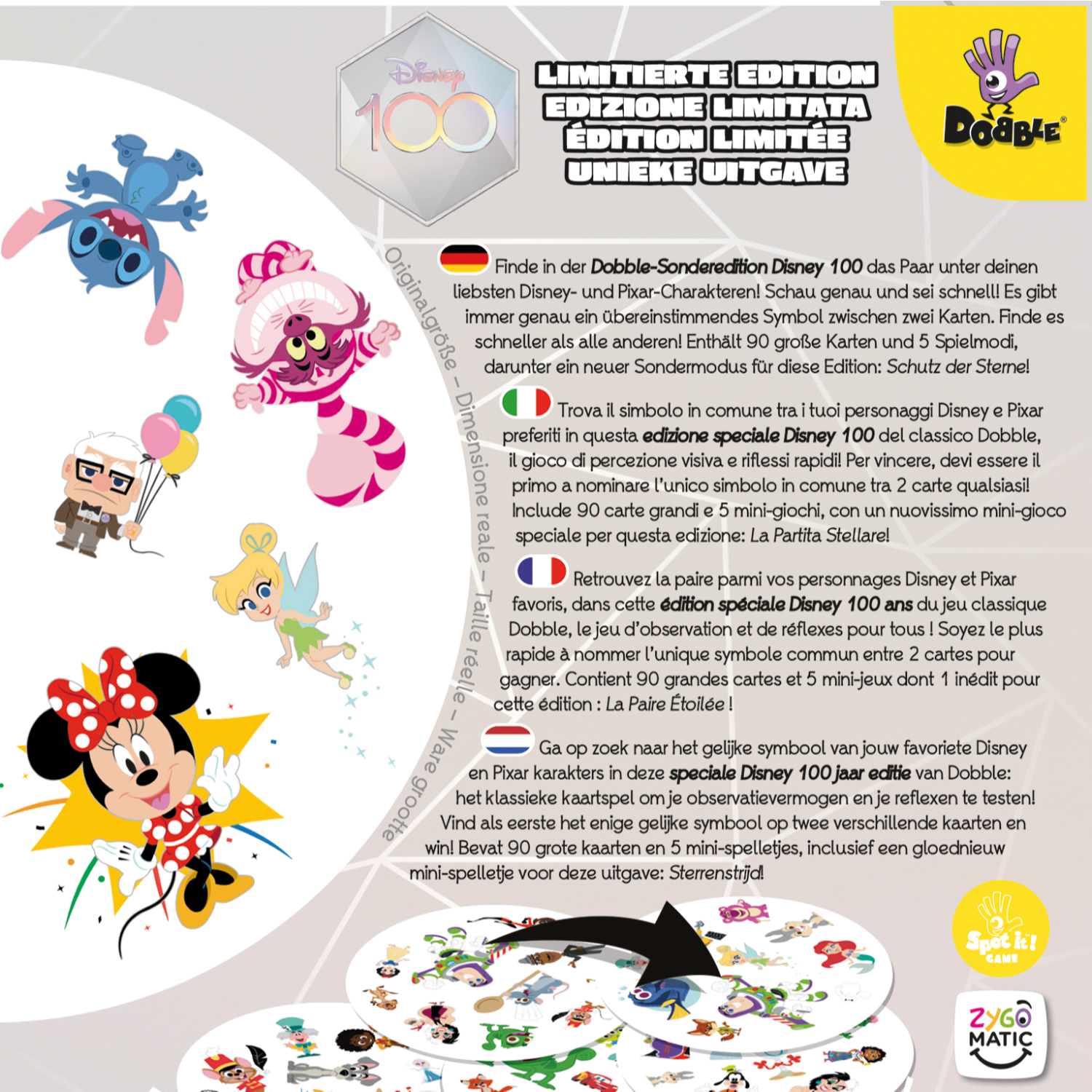 Scatola del gioco Dobble di Disney con vari personaggi Disney, più componenti del gioco e testo.