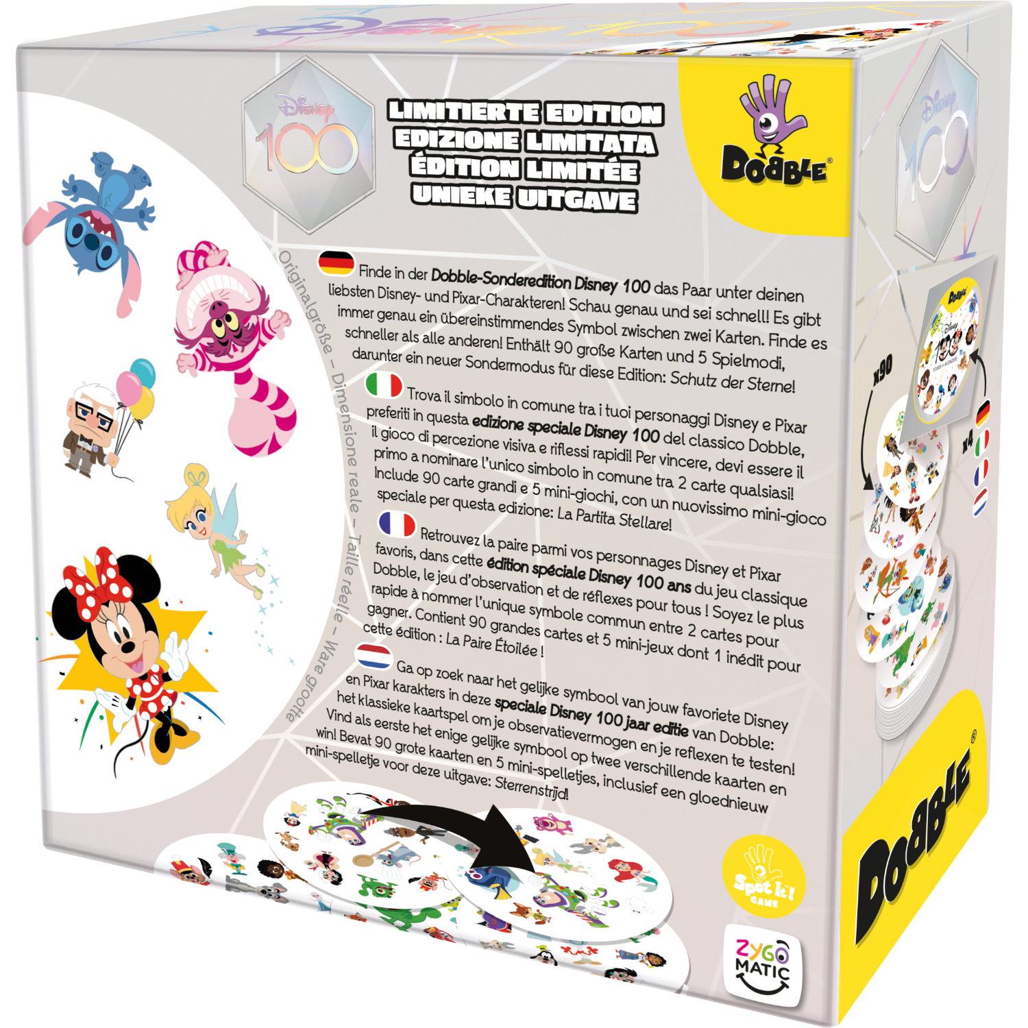 Scatola Dobble Disney 100 edizione con personaggi Disney e istruzioni di gioco.