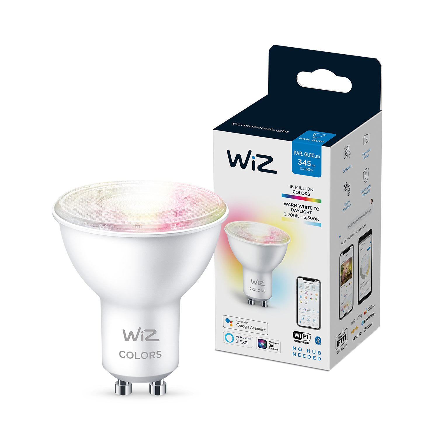 Lampadina LED Wiz bianca con bagliore colorato, accanto a una scatola con informazioni sul prodotto.