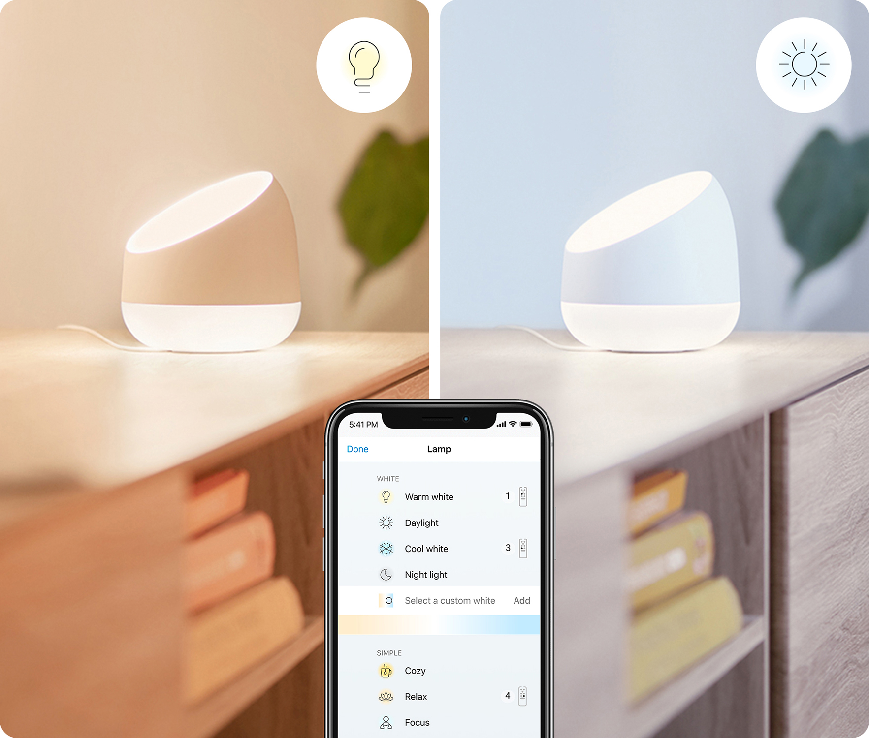 A lamp with two different color settings, controlled by a phone app.