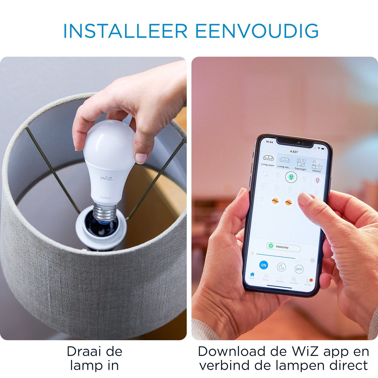 Una persona inserisce una lampadina in una lampada. Un telefono mostra un'app di controllo.