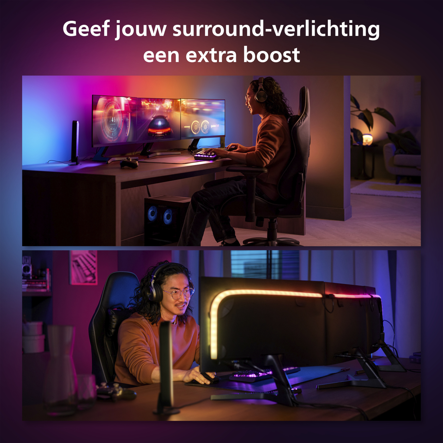 Dwie osoby w konfiguracji do gier, z monitorami i kolorowym oświetleniem, tekst: extra boost.