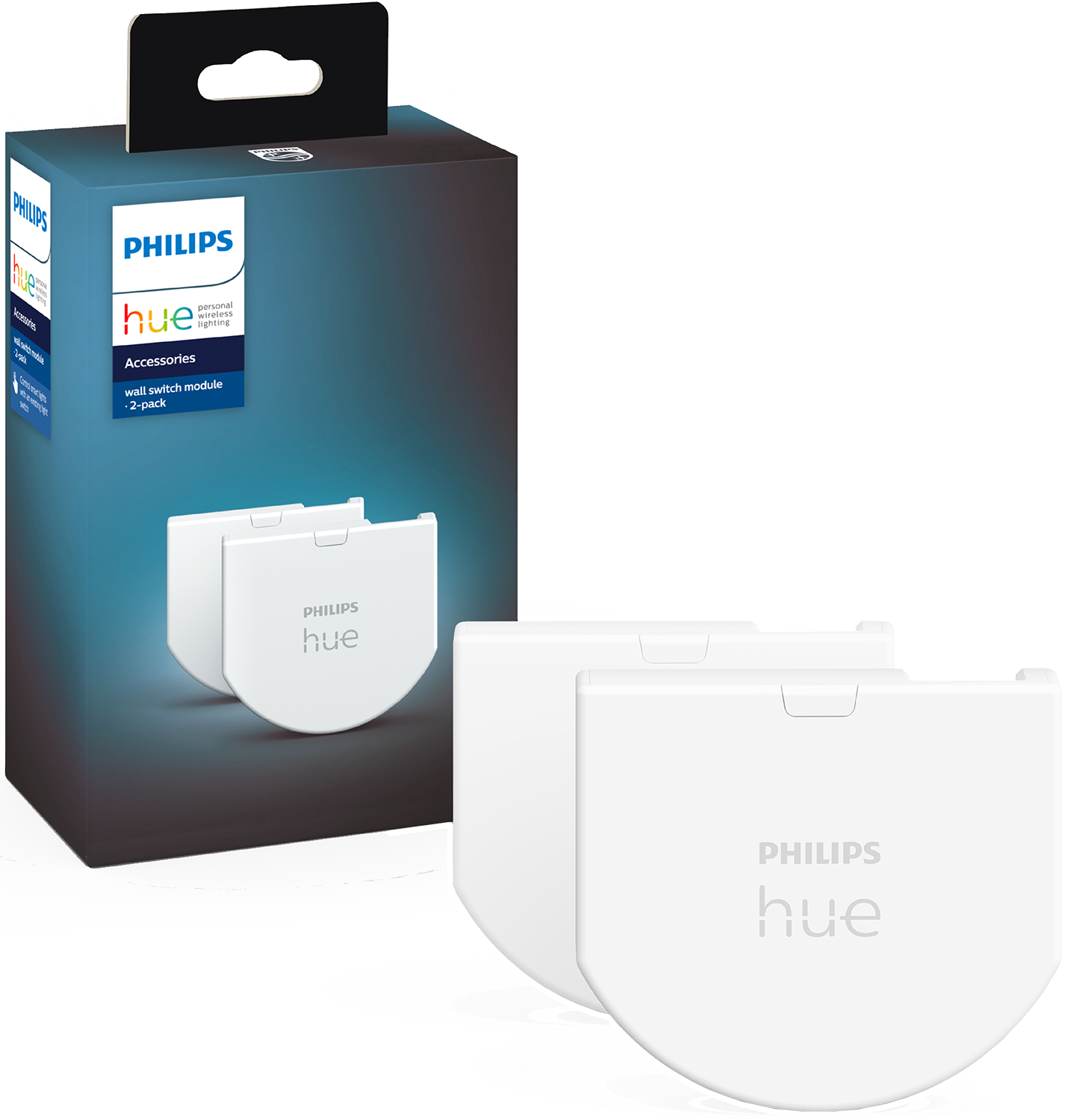 Eine weiße Philips Hue Wandschaltermodul-Box, mit zwei weißen Schaltermodulen sichtbar.