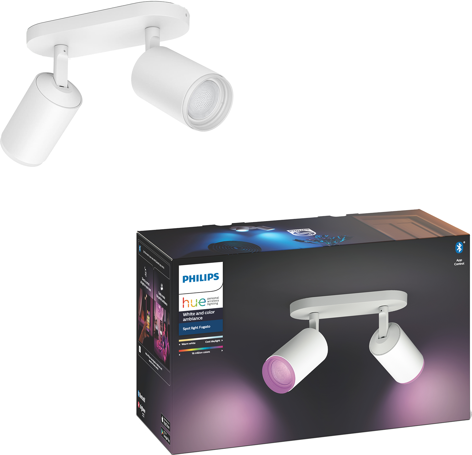 Białe reflektory Philips Hue. Pudełko produktu ze zdjęciem świateł i opcjami kolorów. Czarne tło.