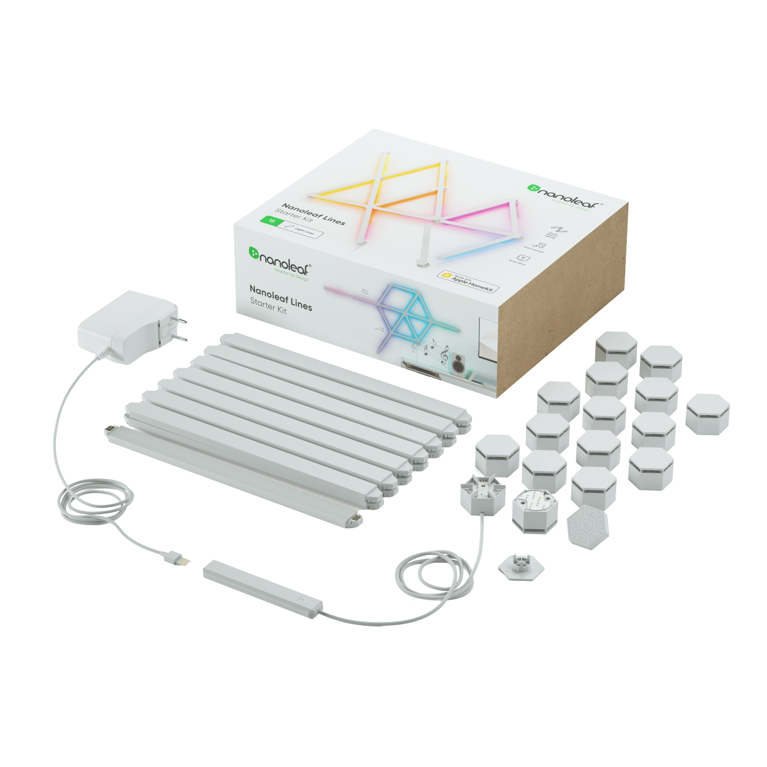 Scatola con NanoLeaf Lines e vari componenti per un'installazione di illuminazione.