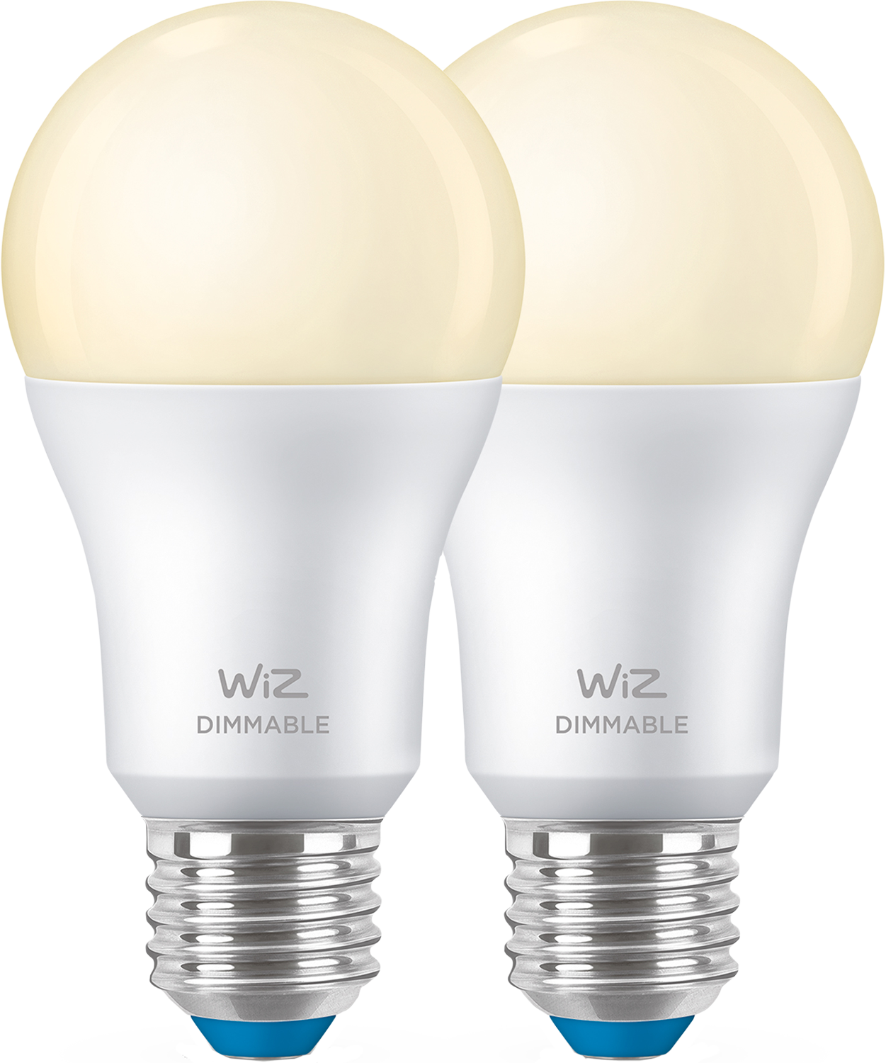 Due lampadine Wiz bianche dimmerabili con base bianca e parte superiore gialla brillante, su sfondo bianco.