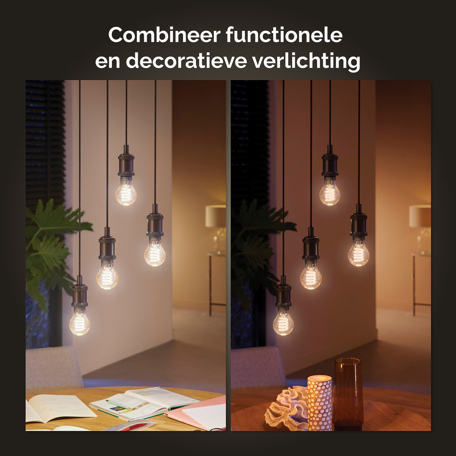 Image de luminaires suspendus avec différents réglages de lumière. Montrant des tons chauds et froids.