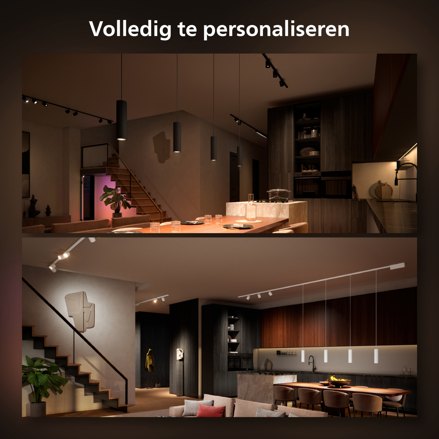 Zwei Fotos eines Wohnraums mit Beleuchtungskörpern. Das obere ist vorher, das untere nachher.