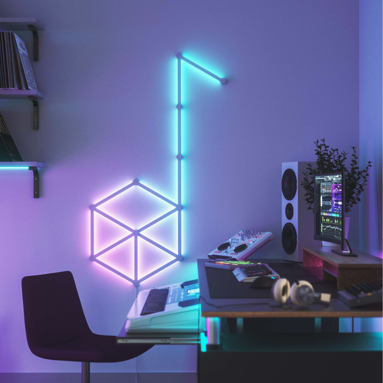 Studio musicale con nota al neon sul muro. Scrivania con attrezzature e piante. Tonalità viola.