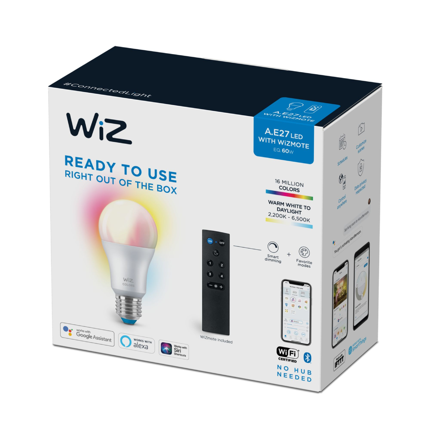 Una confezione del prodotto con una lampadina intelligente, un telecomando e un telefono, che mostra le funzioni WiZ e la compatibilità con Google Assistant/Alexa.