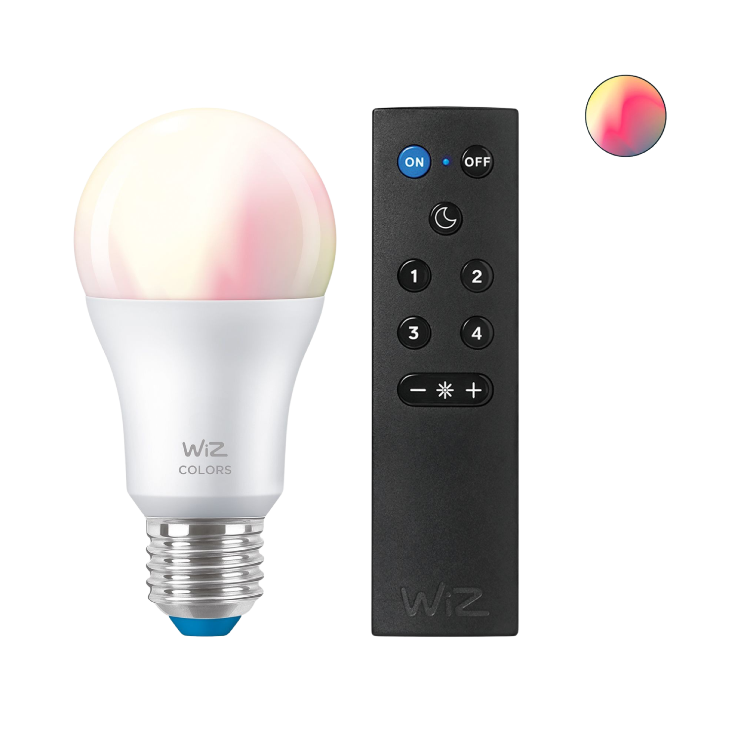 Lampadina intelligente bianca con telecomando, che mostra uno spettro di colori.