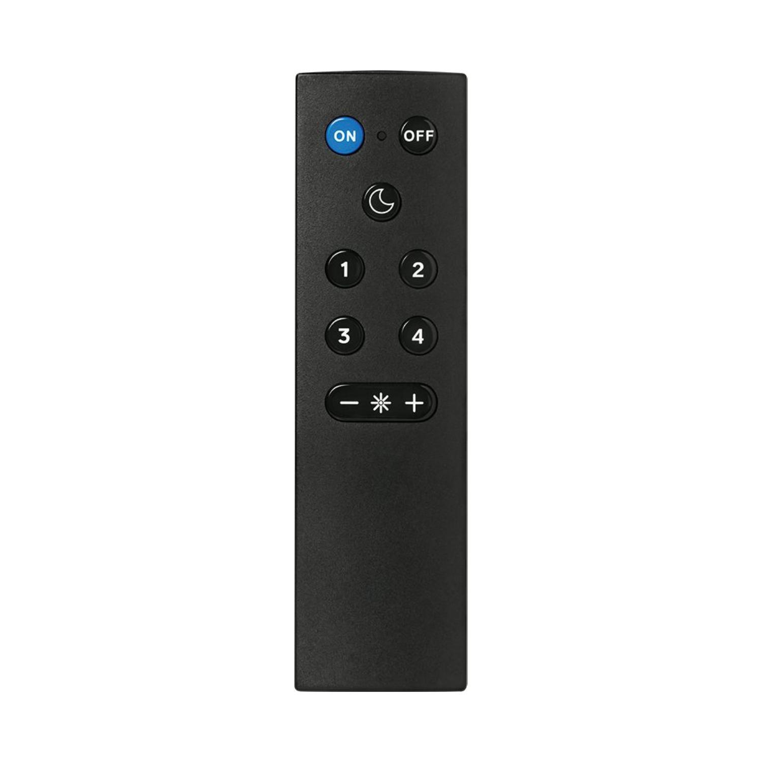 Un telecomando nero con pulsanti etichettati ON/OFF, numeri e controlli del volume.