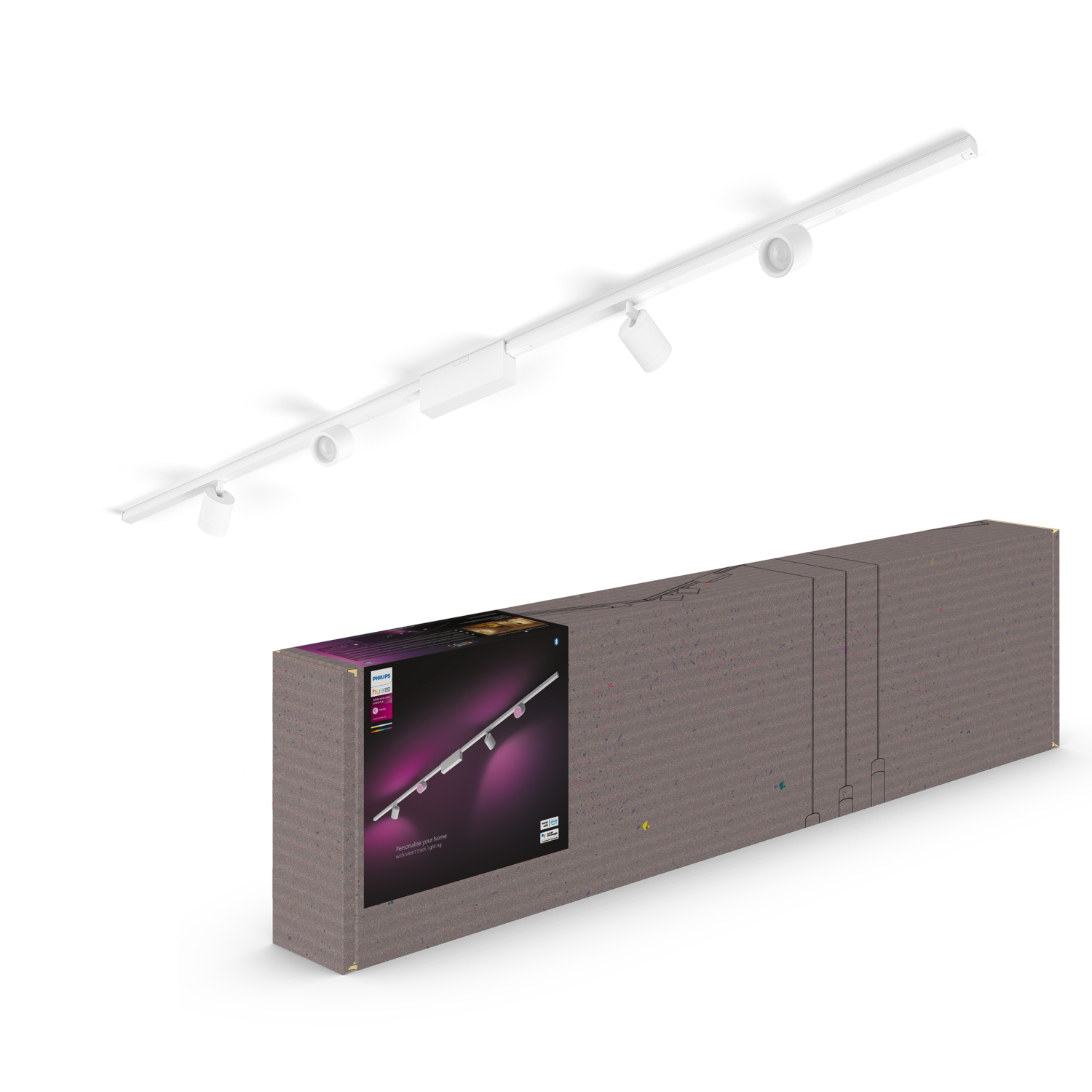 Luminaire de plafond blanc avec quatre spots et une boîte présentant le produit.