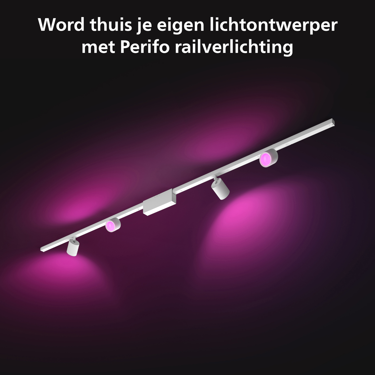 Luminaire sur rail moderne avec lumières roses sur fond sombre. Texte en néerlandais.