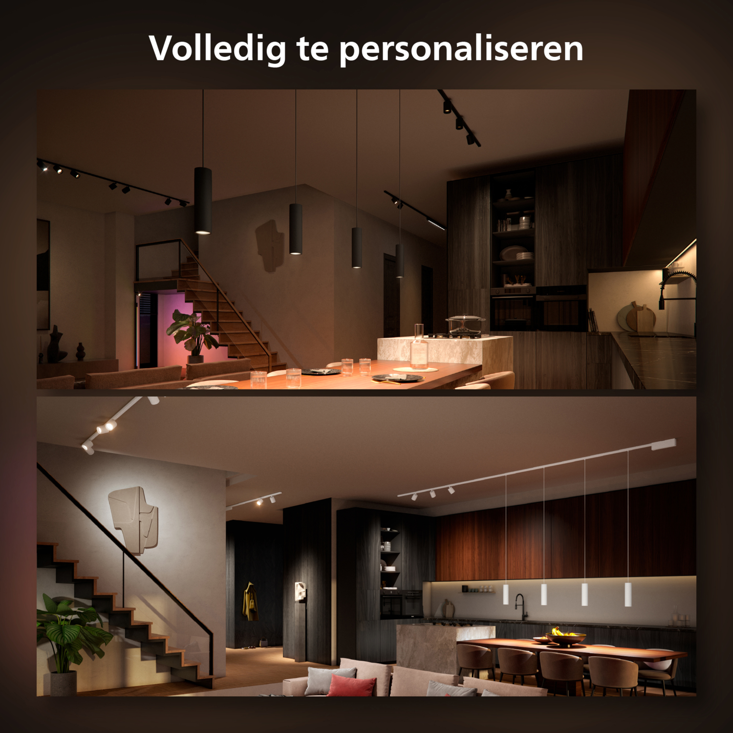 Deux images d'une pièce bien éclairée et d'une pièce faiblement éclairée avec des lampes suspendues. Le texte dit : Entièrement personnalisable.