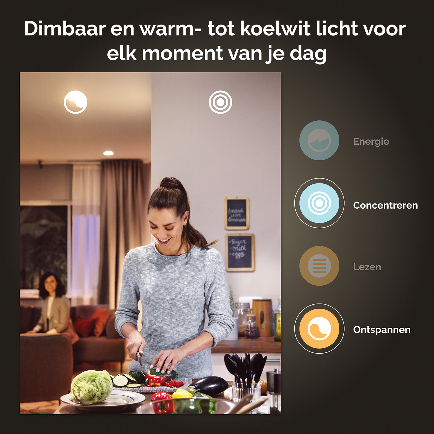 Une femme dans une cuisine coupant des légumes, avec des options d'éclairage : énergie, concentration, lire, se détendre.