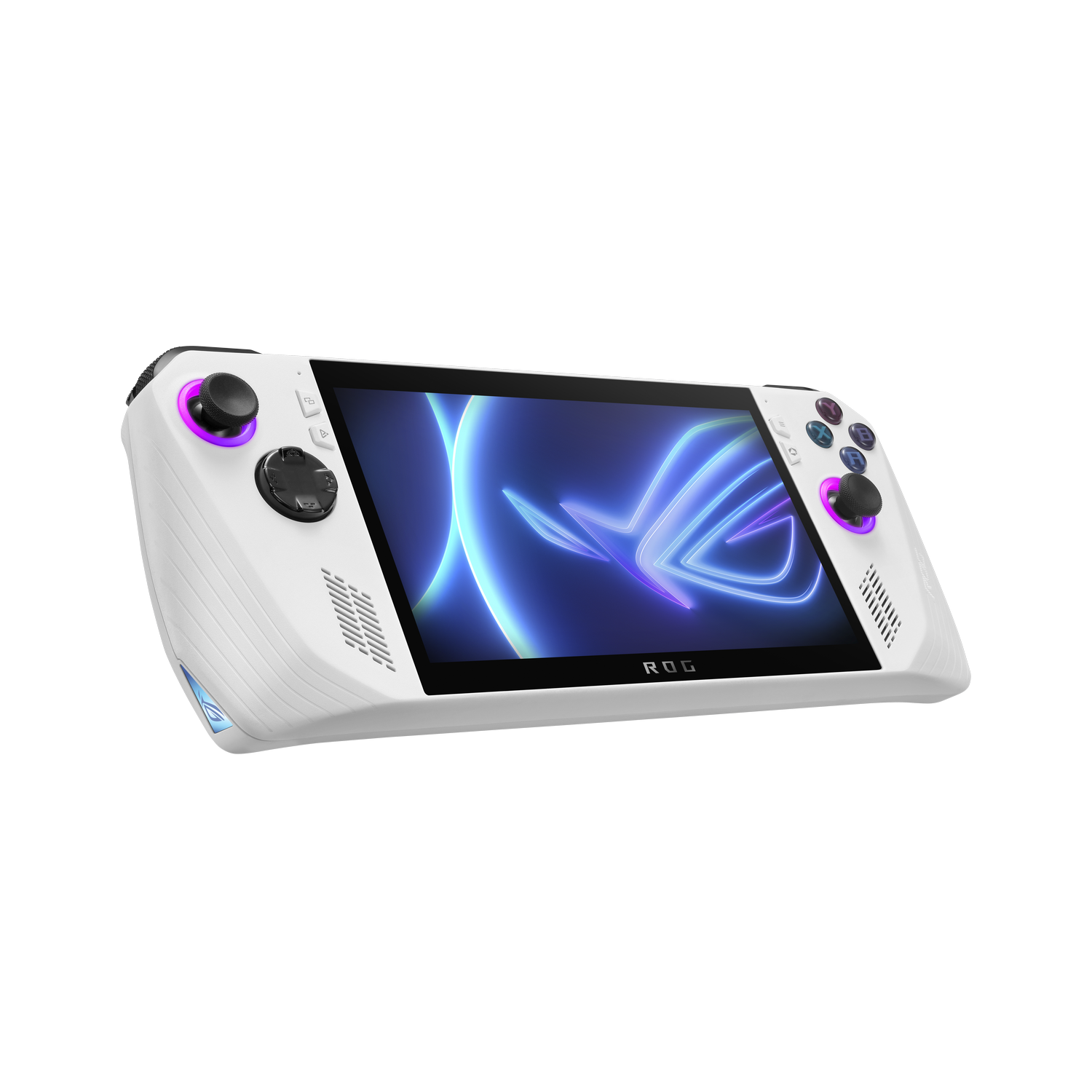 Weiß-graue Handheld-Spielkonsole. Bildschirm zeigt Spieloberfläche. Bedienelemente an den Seiten.