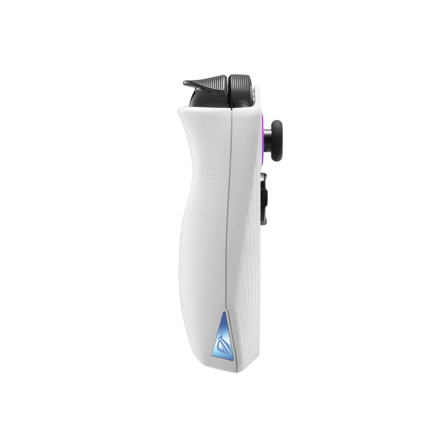 Weiß-schwarzer Gamecontroller, Seitenansicht. Er hat einen Joystick und Knöpfe. Der Hintergrund ist schwarz.