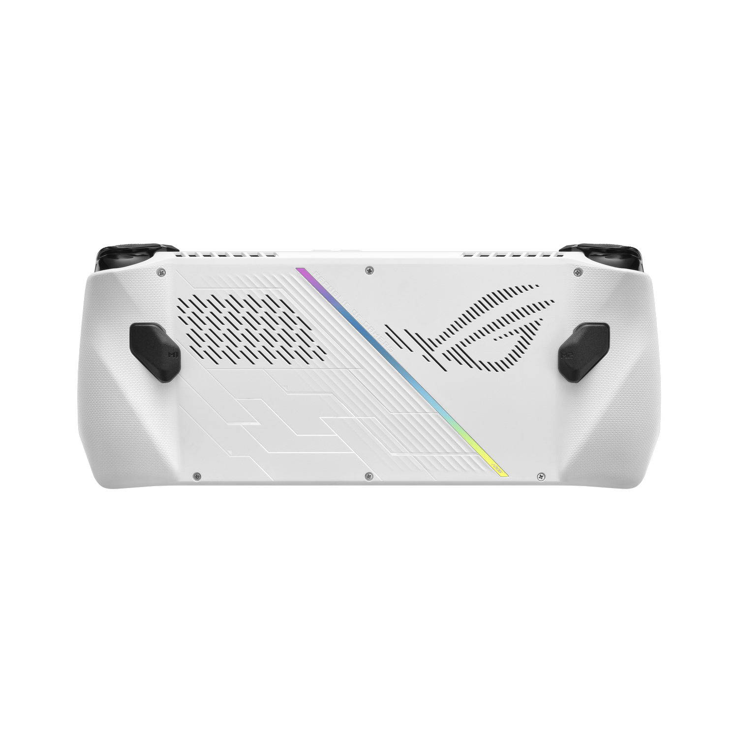 Weiße Handheld-Spielkonsole, Rückansicht, mit schrägen Streifen und bunten Akzenten.