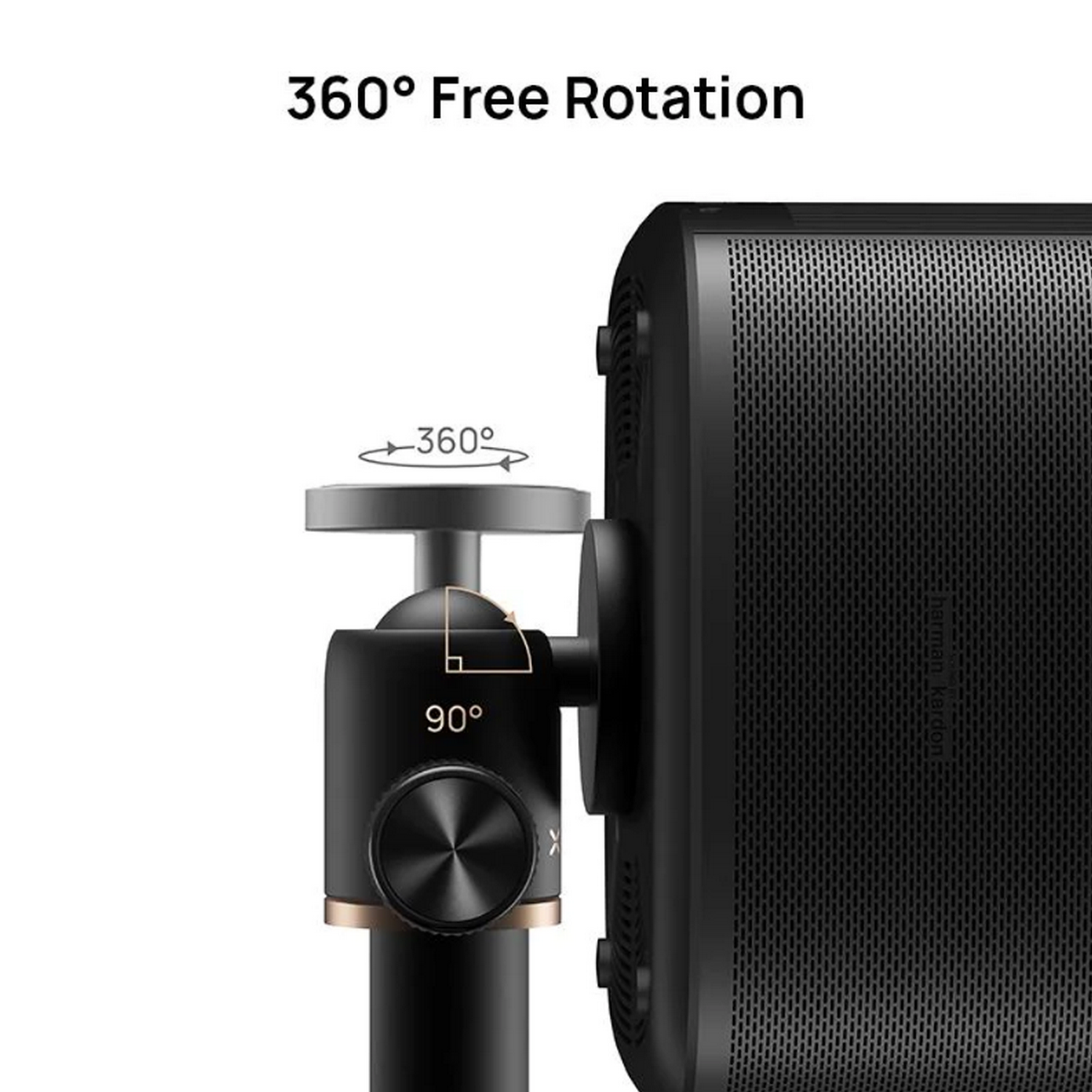 Proyector negro sobre un soporte, con texto 'Rotación libre 360°'. El soporte tiene detalles dorados.