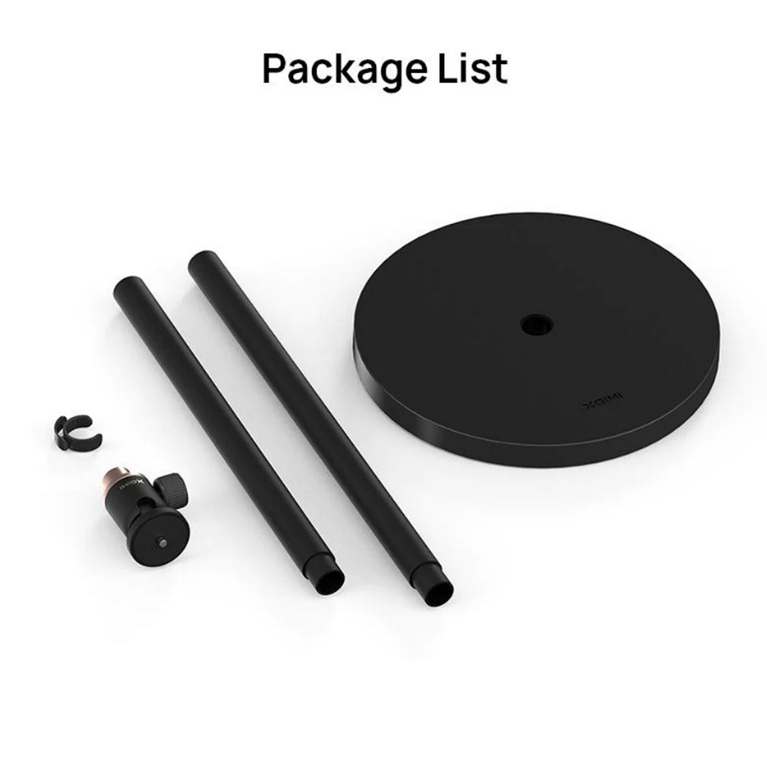 Lista de empaque de un soporte negro, con dos postes, una base y un conector. Fondo blanco.