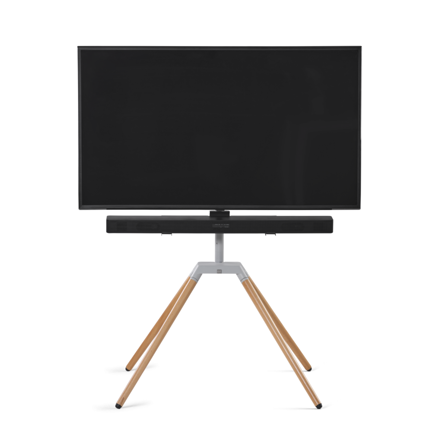 Tv op een statief met een soundbar. De standaard heeft houten poten.