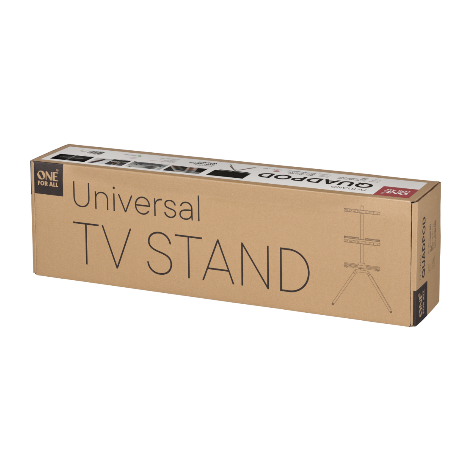 Eine braune Pappschachtel mit einer Abbildung eines universellen TV-Ständers und Text darauf.