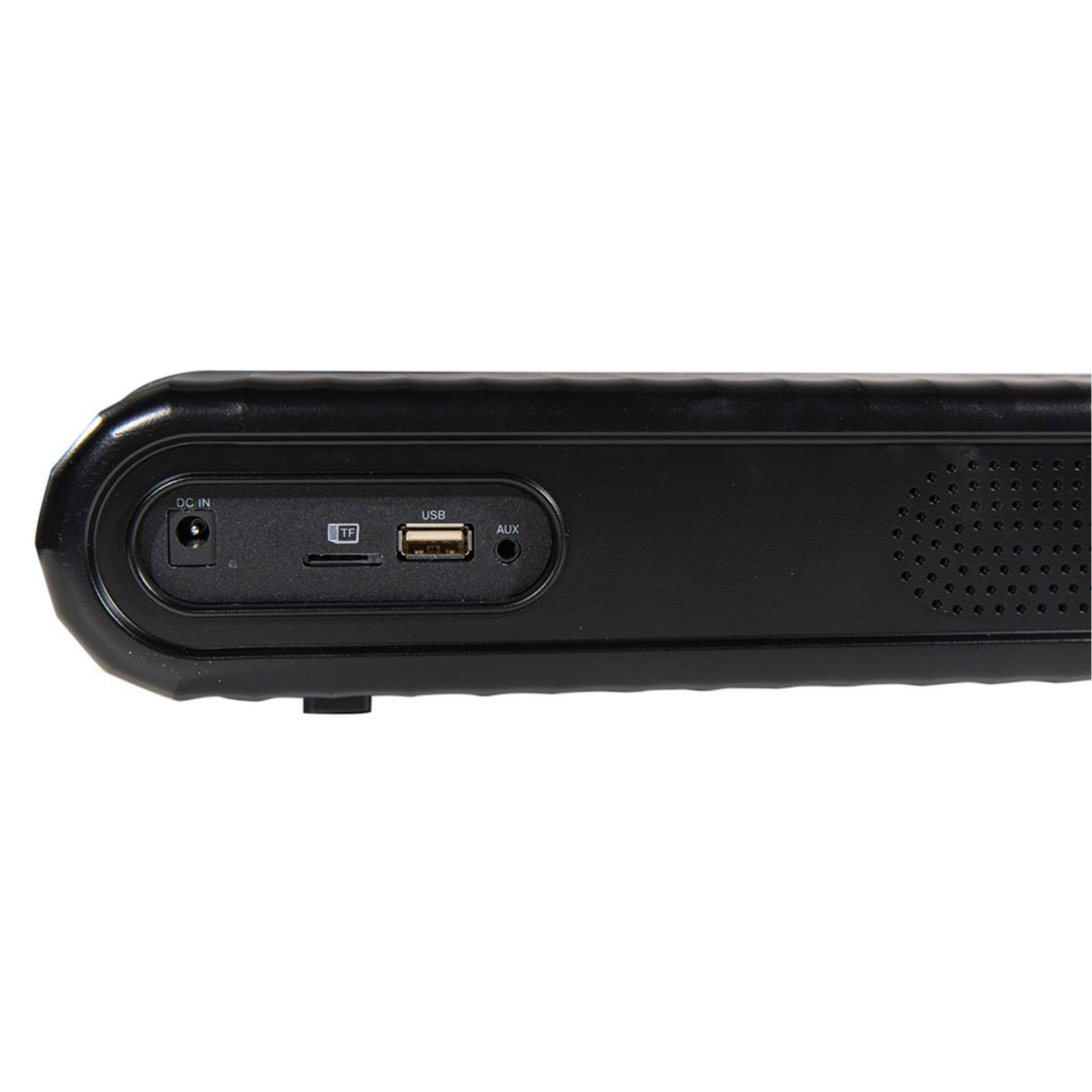 Czarny soundbar z widocznymi portami wejściowymi: DC in, TF, USB i AUX.