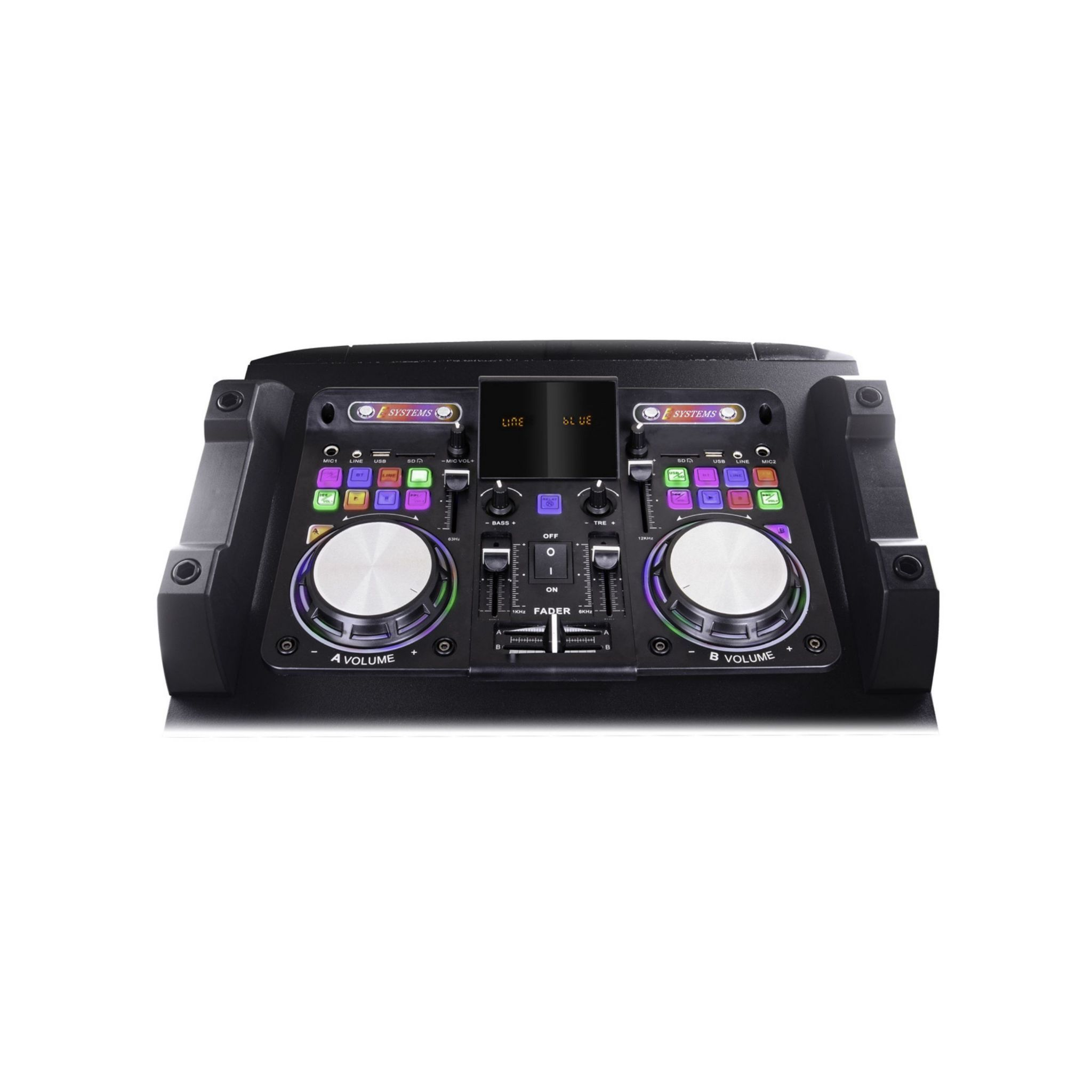 Controller DJ nero con più pulsanti, manopole e un display centrale.