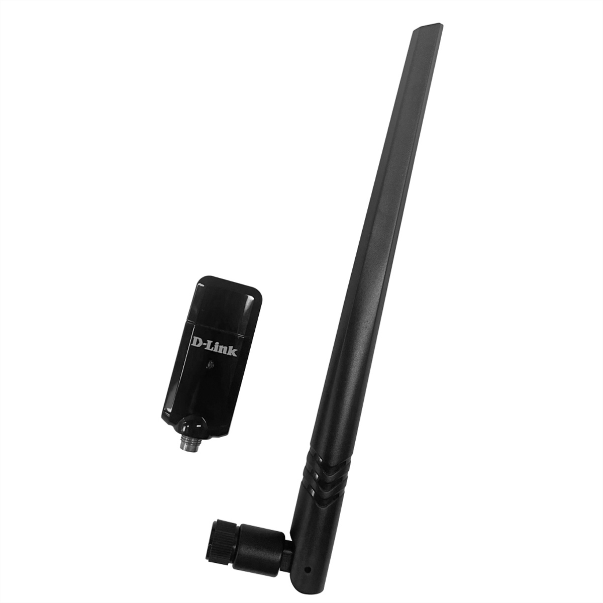 Czarny adapter Wi-Fi D-Link i antena na białym tle.