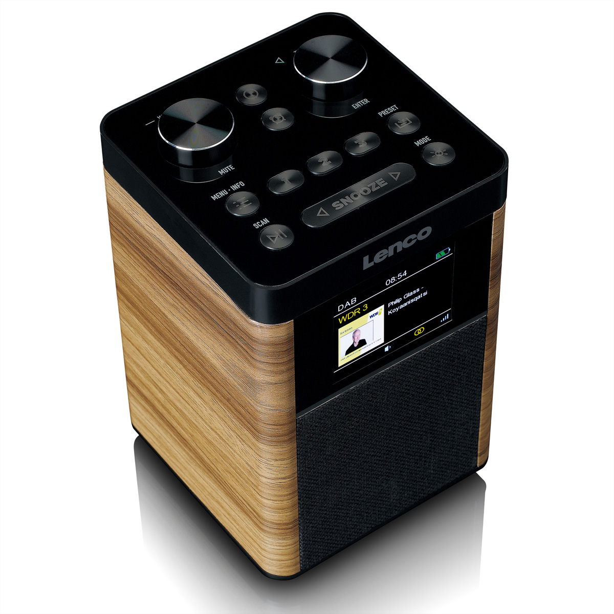 A wooden radio with a black top and a screen showing a radio station.