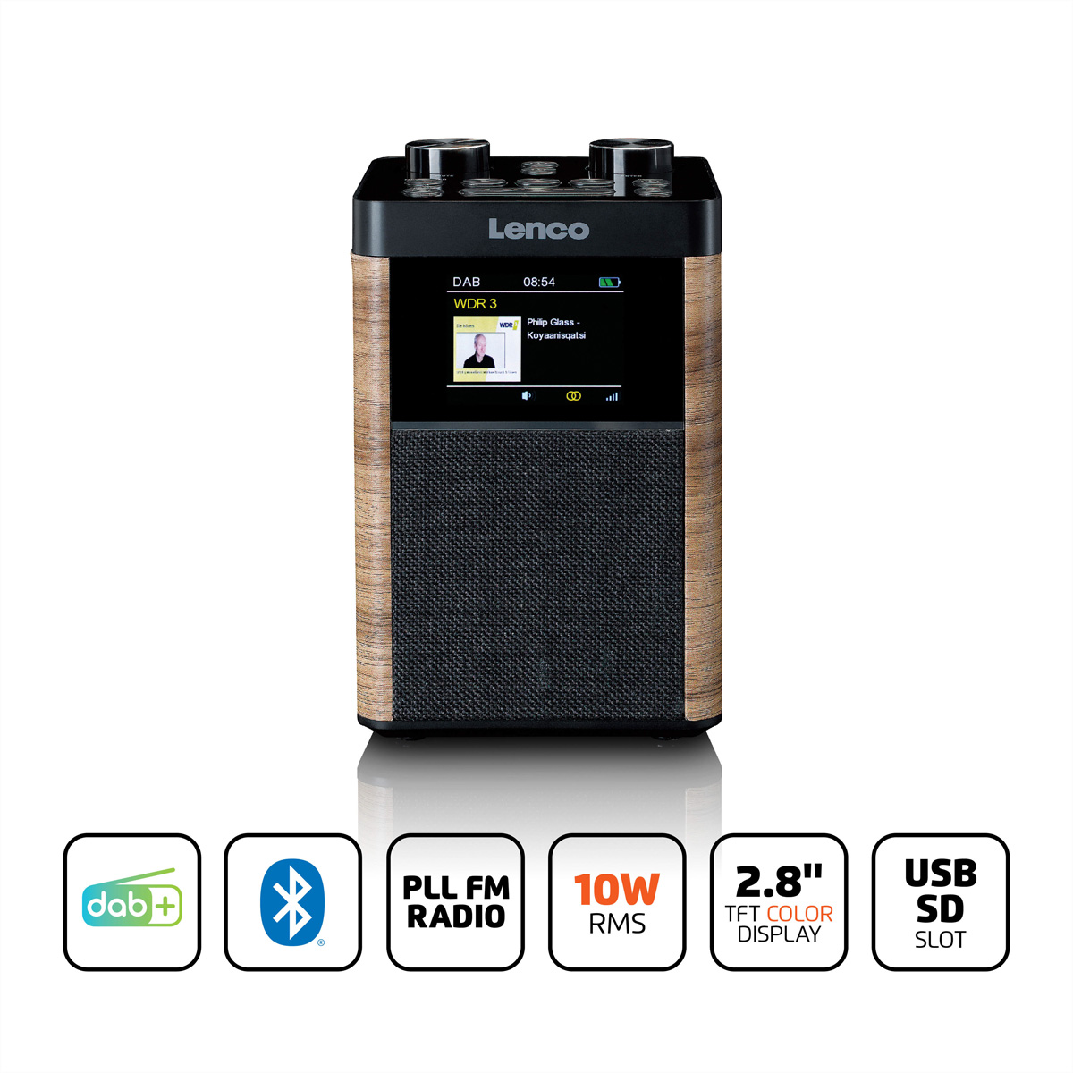 Wooden radio with a screen displaying DAB information, and control buttons.
