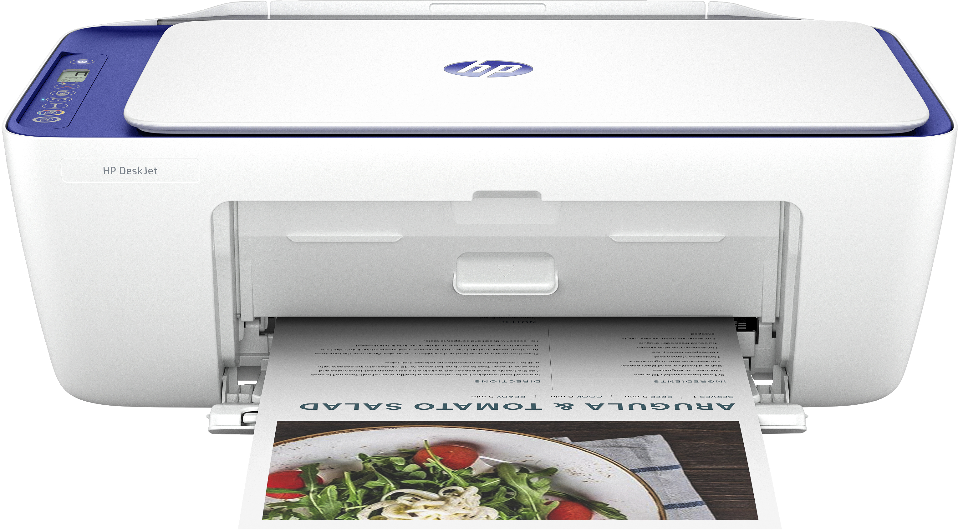 Impresora HP DeskJet con un documento impreso. Impresora azul y blanca con bandeja y papel.