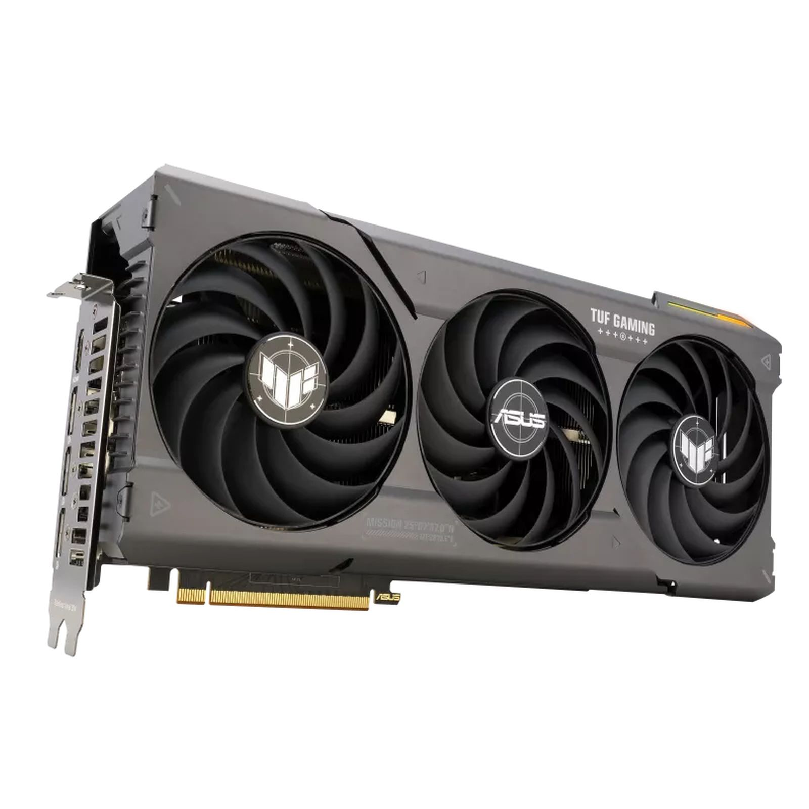 Una scheda grafica ASUS TUF Gaming nera e grigia con tre ventole. Logo ASUS sulle ventole.