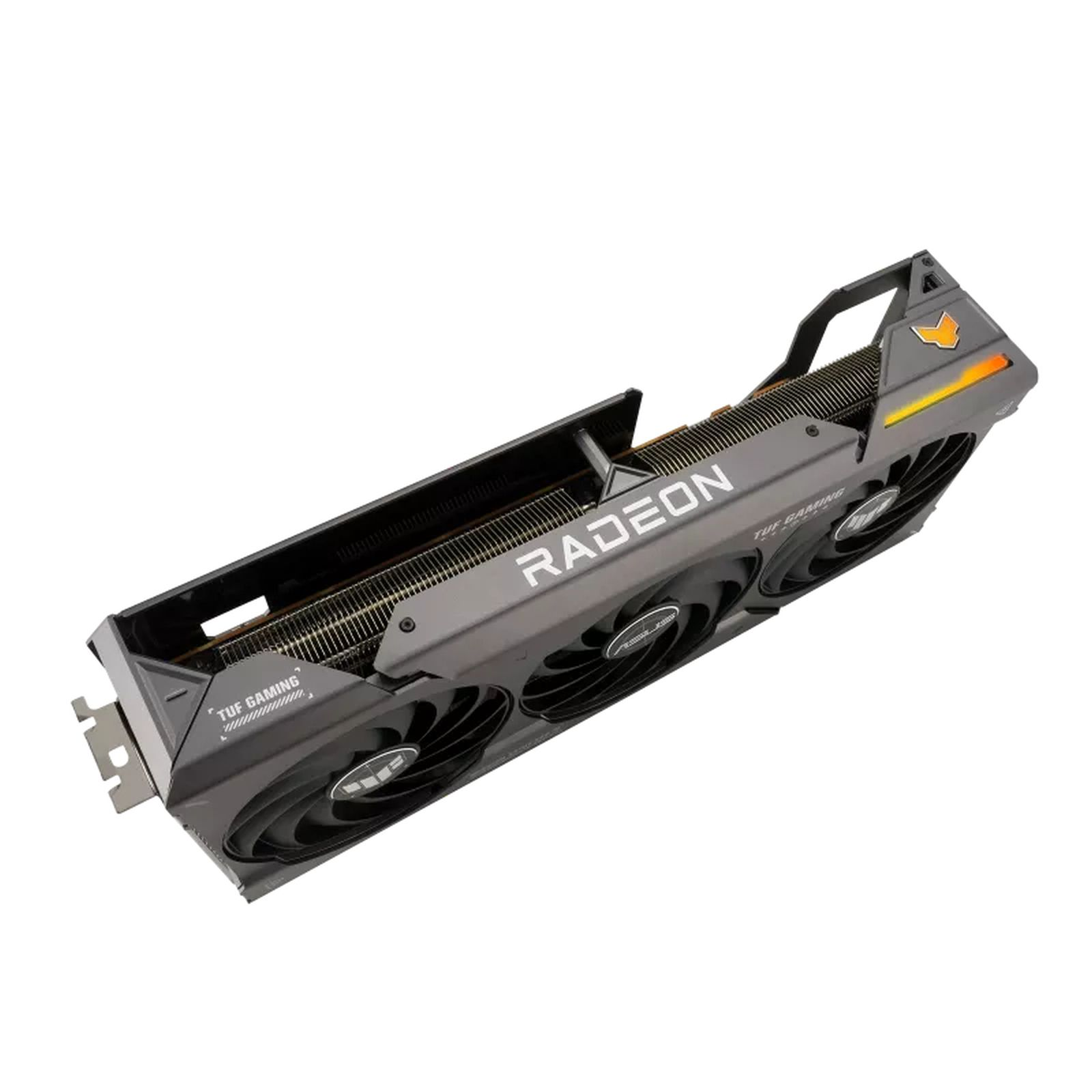Scheda grafica Radeon nera e grigia con tre ventole. Radeon e ASUS TUF GAMING visibili.