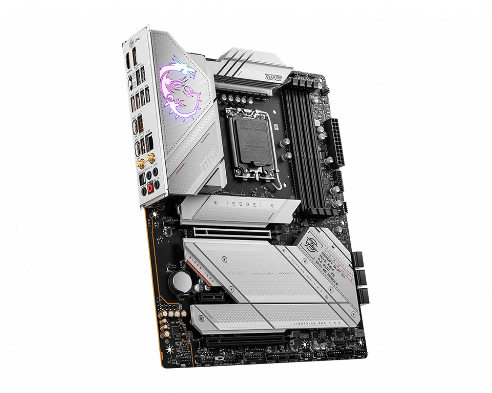 Scheda madre MSI MPG Z690 EDGE WIFI. Design argento e nero, sfondo bianco.