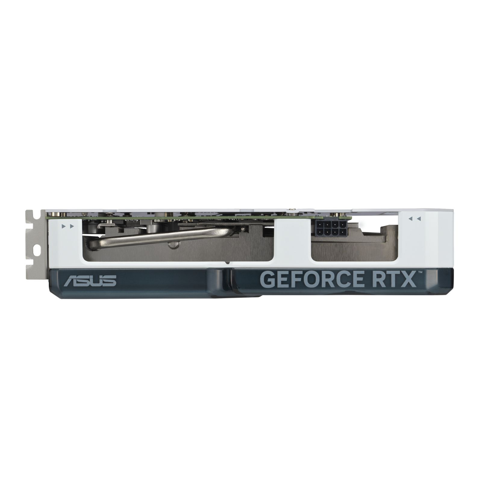 Una scheda grafica per computer con i loghi ASUS e GeForce RTX. È bianca, grigia e nera.