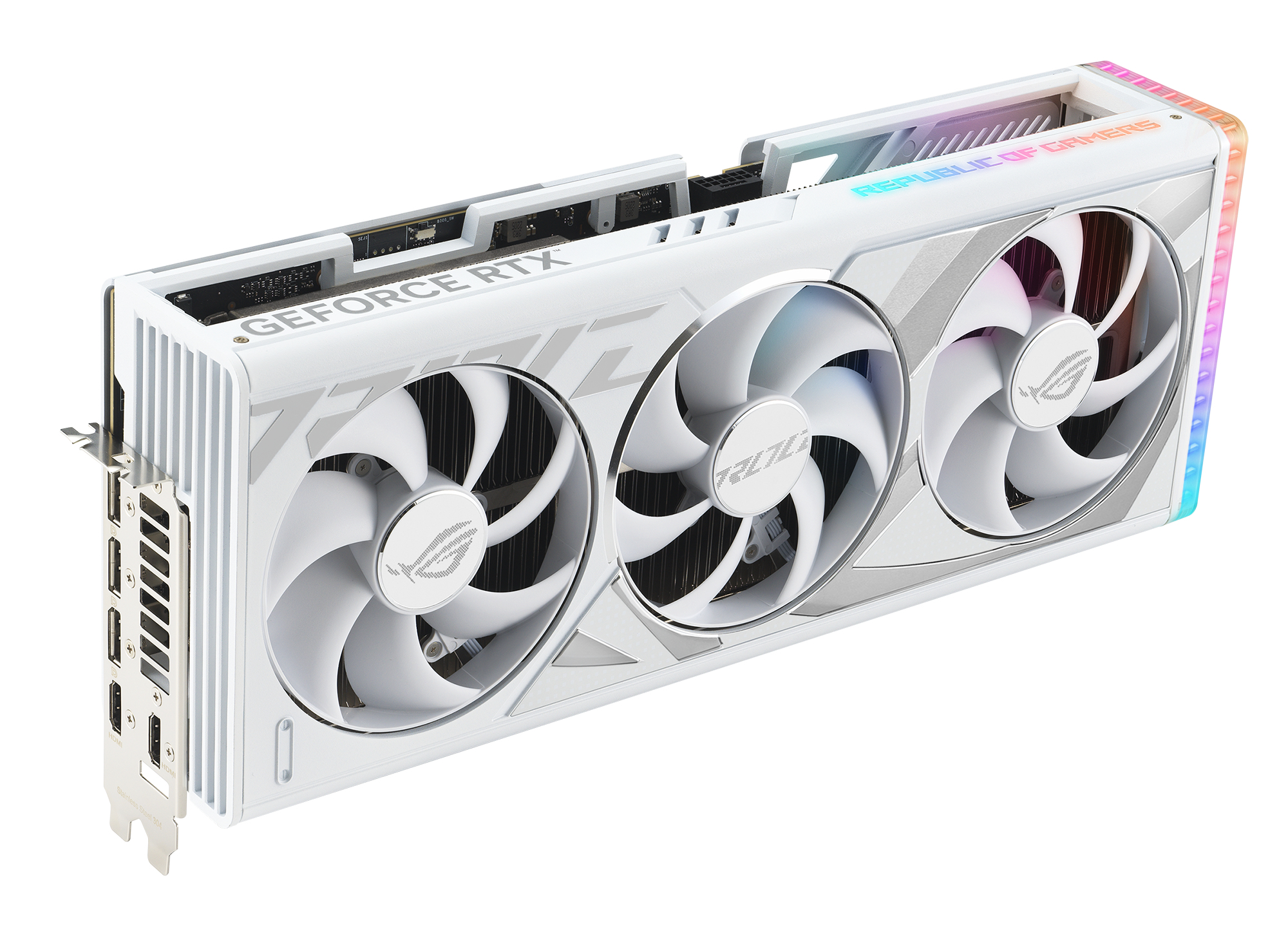 Scheda grafica ROG Strix GeForce RTX bianca e argento con tre ventole.
