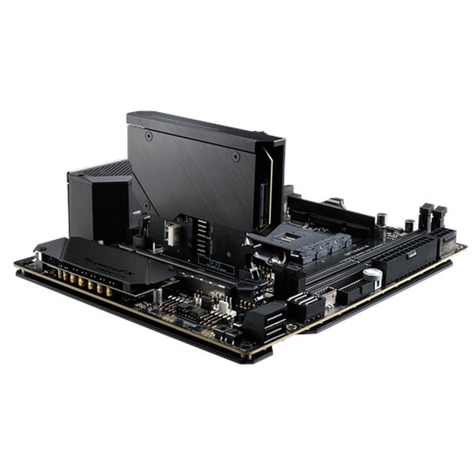 Ein schwarzes Computer-Motherboard mit Kühlkörpern, Steckplätzen und verschiedenen Komponenten. Goldakzente.
