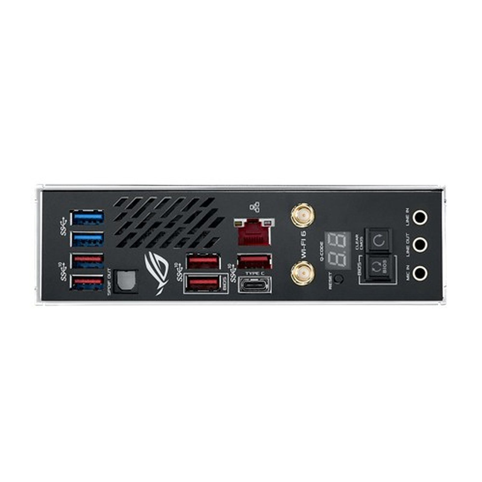Nahaufnahme der Rückseite eines schwarzen Motherboards mit Anschlüssen.