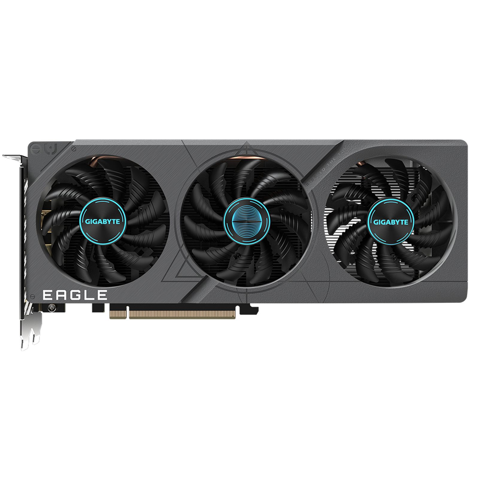 Una scheda grafica con tre ventole, contrassegnata con il logo Gigabyte Eagle.