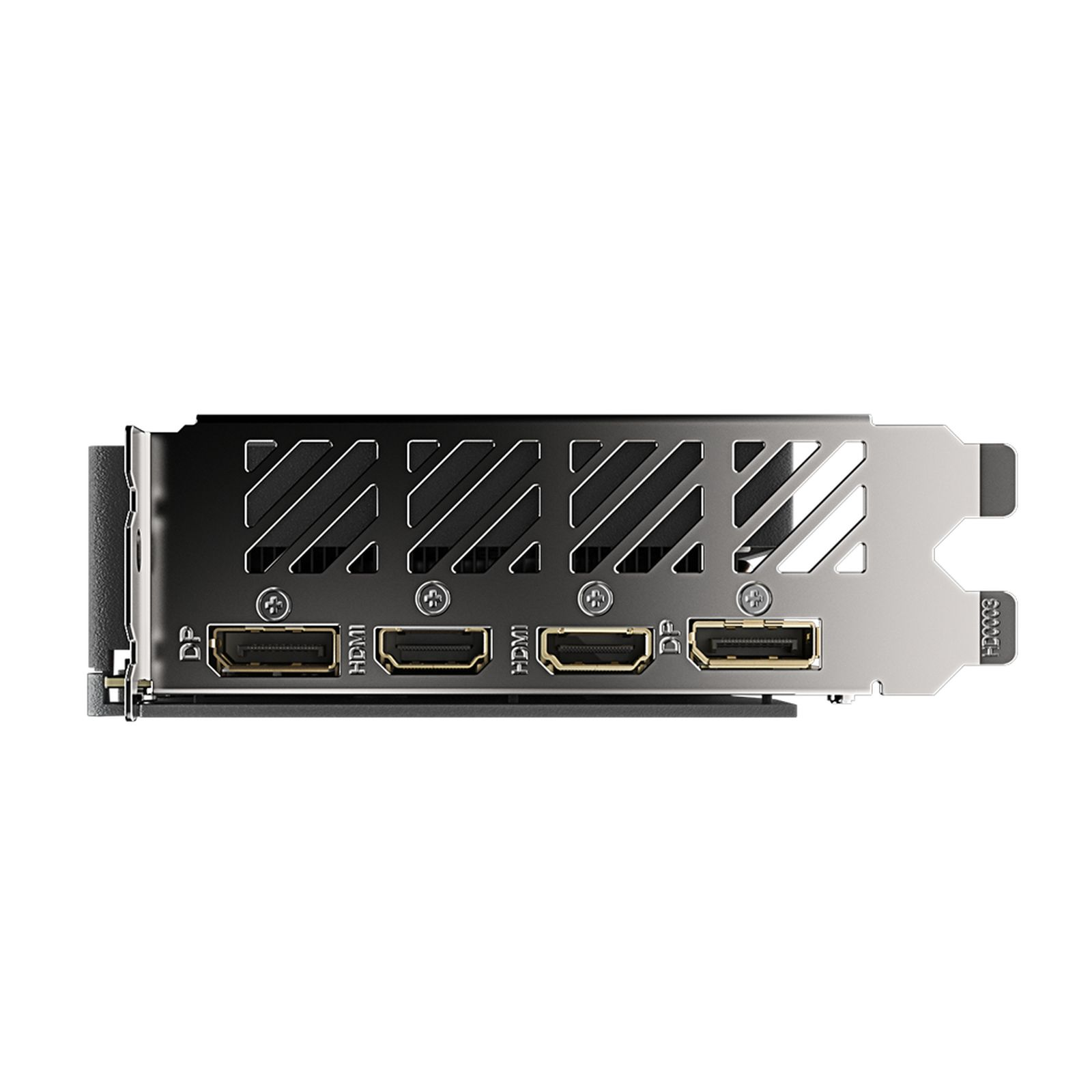Scheda video con più porte: DP e HDMI. Lo sfondo è bianco.